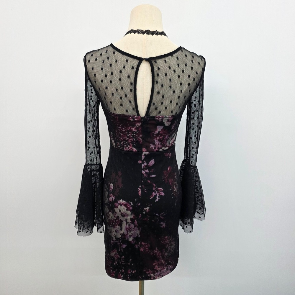 Venus Womens 4 Black Mesh‎ Floral Bodycon Dress Sheer Bell Sleeve Whimsigoth - Picture 3 of 16